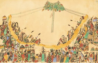 ダンスを始める前にメディシンロッジに壮大な参入をした戦士たち、1874-75（ペン、台帳のインクとトイレ） 作： Howling Wolf